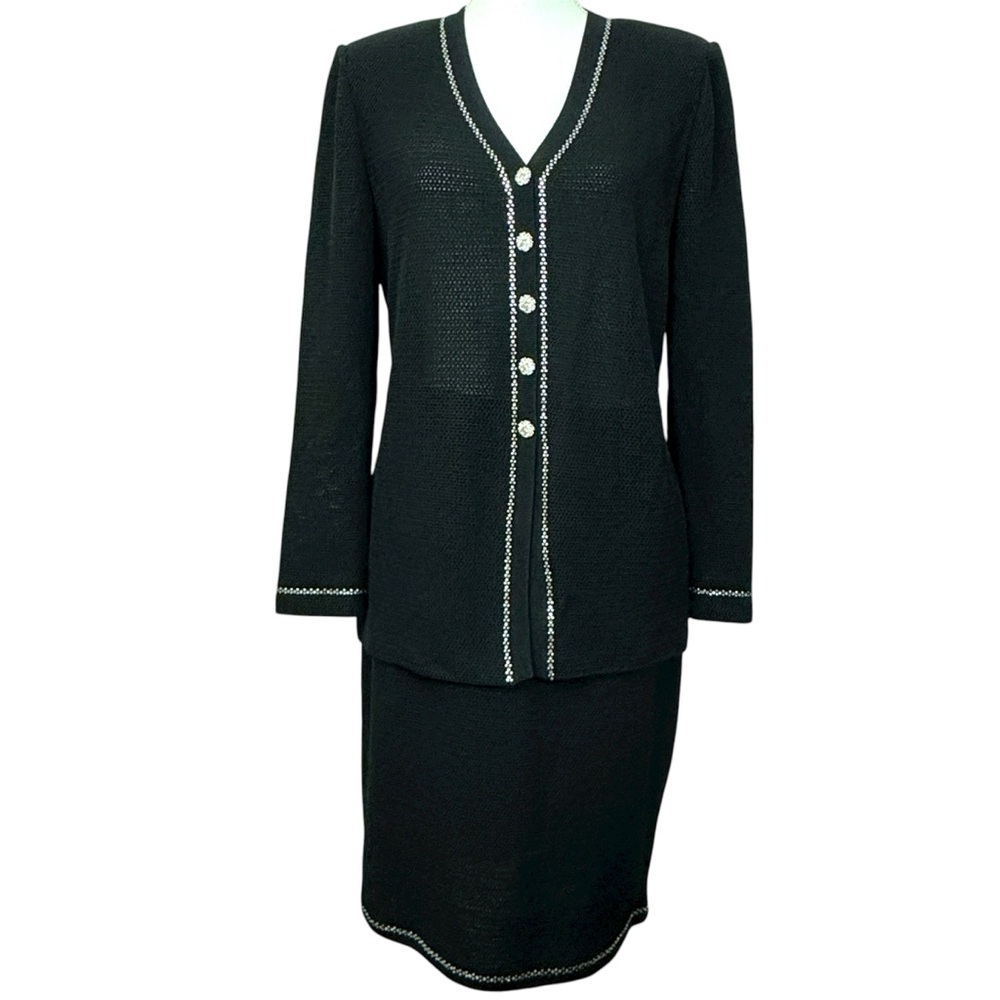 St.John Evening Marie Gray Black Jacket Skirt Set Rhinestone Crystal Button Sz 6